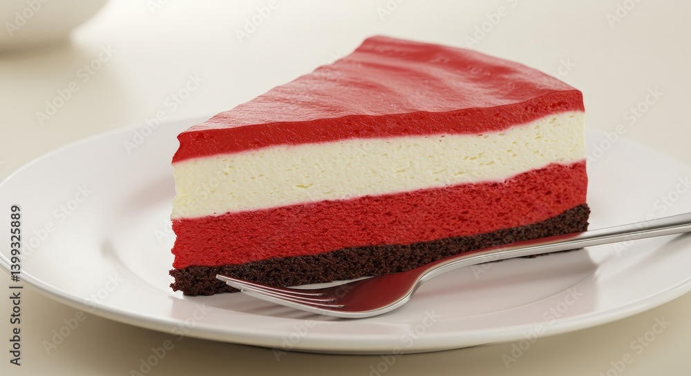 Crimson and Cream Layered Dessert Slice with Glossy Glaze on White Plate, Silver Fork. Crimson and Cream Layered Dessert Slice with Glossy Glaze on White Plate, Silver Fork.