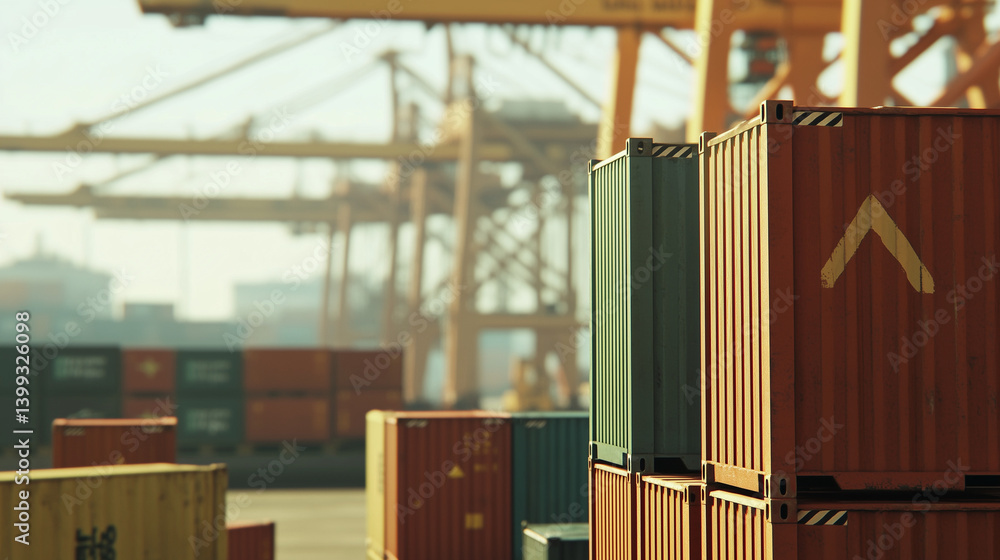 Stacked shipping containers at busy port with cranes, symbolizing global logistics and international trade tariffs, industrial transport and supply chain concept.