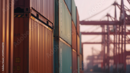 Obraz na płótnie Close-up of stacked shipping containers at busy port symbolizing international trade tariffs.Global logistics, supply chain economics, and cross-border commerce concepts with industrial infrastructure w salonie