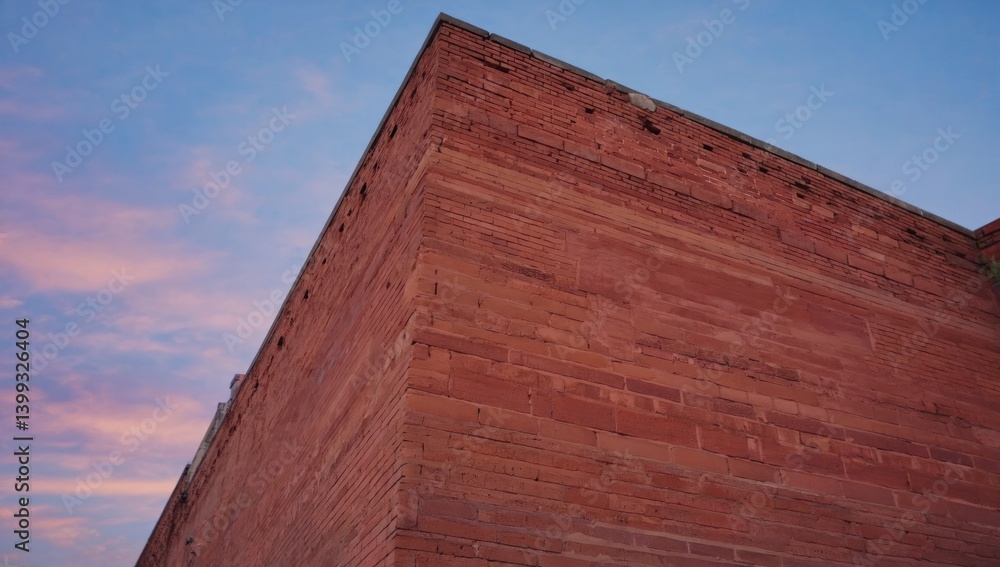 Rusty brick wall corner against sunset sky Rusty brick wall corner against sunset sky