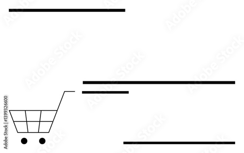 Shopping cart with two wheels and grid basket surrounded by black horizontal lines conveying movement and simplicity. Ideal for e-commerce, retail, shopping, logistics, sales, digital marketing, flat