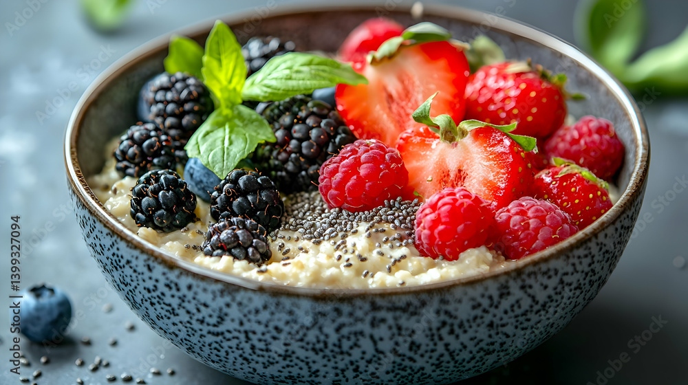Delicious Oatmeal Bowl Topped with Fresh Berries and Chia Seeds Delicious Oatmeal Bowl Topped with Fresh Berries and Chia Seeds