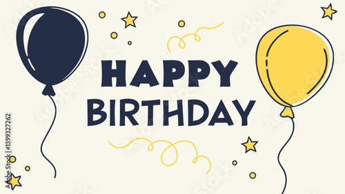 Happy birthday greeting vector design. Birthday greeting text with dark navy blue and yellow  inflatable balloons for boys invitation card template. Vector illustration birth day card design. 
