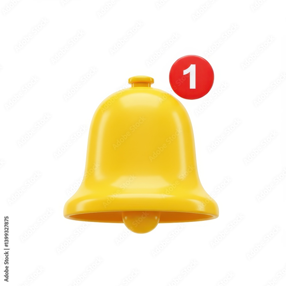 Yellow notification bell with number one on white background Yellow notification bell with number one on white background