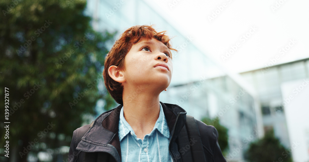 Outdoor, student and boy in school for thinking, education and studying opportunity with idea. Low angle, male child and learner with thoughts for elementary, learning academy and kid on campus Outdoor, student and boy in school for thinking, education and studying opportunity with idea. Low angle, male child and learner with thoughts for elementary, learning academy and kid on campus
