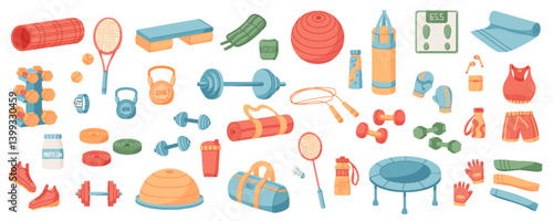 Colorful flat set of sport equipment on white background. Gym accessories and workout items including dumbbells, training mats, and fitness tools. Perfect for active lifestyle themes.