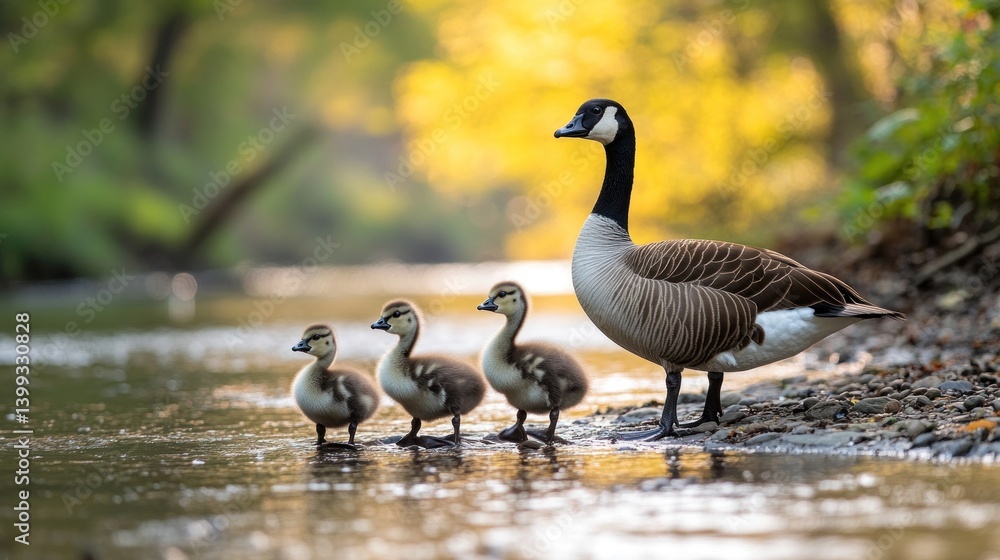 Fototapeta premium A Canada Goose and her Goslings by the Creek