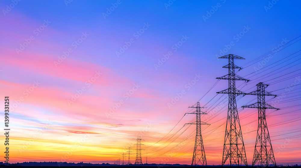 Power Lines Silhouette At Colorful Sunset Power Lines Silhouette At Colorful Sunset
