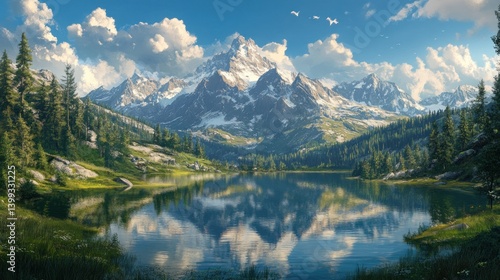 Serene mountain lake reflecting snow-capped peaks under a vibrant blue sky.