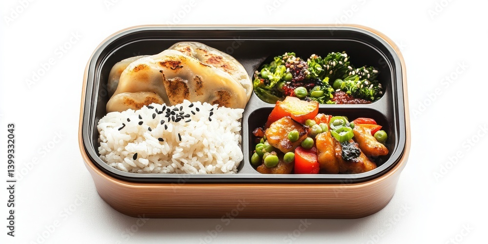 White background showcasing Asian bento box with rice, dumplings. White background showcasing Asian bento box with rice, dumplings.