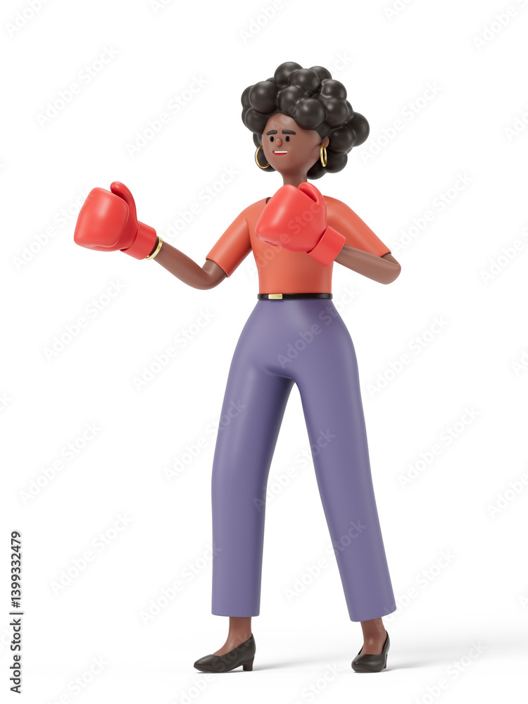 woman with boxing gloves, symbolizing readiness to tackle challenges. 3D rendering, conceptual image. Isolated on white background. woman with boxing gloves, symbolizing readiness to tackle challenges. 3D rendering, conceptual image. Isolated on white background.