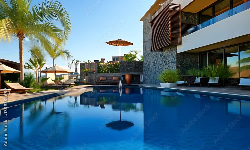 Poolside relaxation with sun loungers, umbrellas and lush greenery. Calm turquoise waters reflecting blue skies in a luxury setting Poolside relaxation with sun loungers, umbrellas and lush greenery. Calm turquoise waters reflecting blue skies in a luxury setting