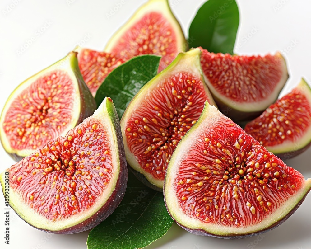 Fresh figs sliced open revealing vibrant pink flesh and seeds, garnished with green leaves, perfect for healthy recipes. Fresh figs sliced open revealing vibrant pink flesh and seeds, garnished with green leaves, perfect for healthy recipes.