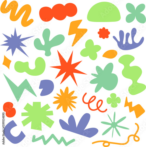 Colorful abstract geometric shapes collection in flat style on white background, perfect for modern design, kids elements, creative decorations, or trendy retro aesthetics.