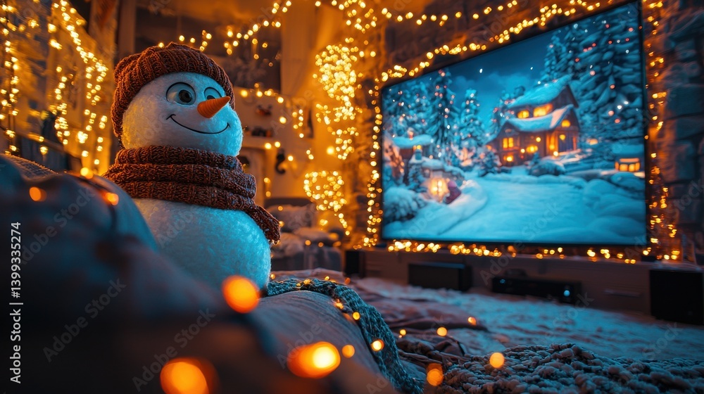 custom made wallpaper toronto digitalCozy Christmas Snowman Character Surrounded by Glowing Cottage Twinkling Lights and Snowy Winter Landscape in a Festive Nostalgic Holiday Scene