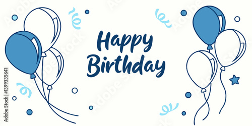 Happy birthday greeting vector background design. Birthday greeting text with bunch blue and white   balloons floating for event decoration. Vector illustration invitation card design. 
