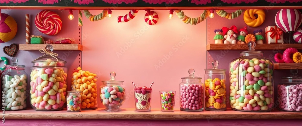 Whimsical candy shop frame mockup showcasing sweet art, vibrant candy jars, whimsical, artwork Whimsical candy shop frame mockup showcasing sweet art, vibrant candy jars, whimsical, artwork