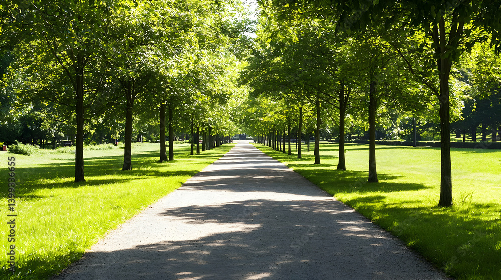 Obraz premium Lined Trees Pathway Through Park In Summer