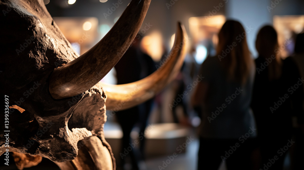 Gigantic mastodon fossil exhibited in natural history museum, prehistoric mammal skeleton on display for education and paleontology study, evolution and ancient wildlife concept.