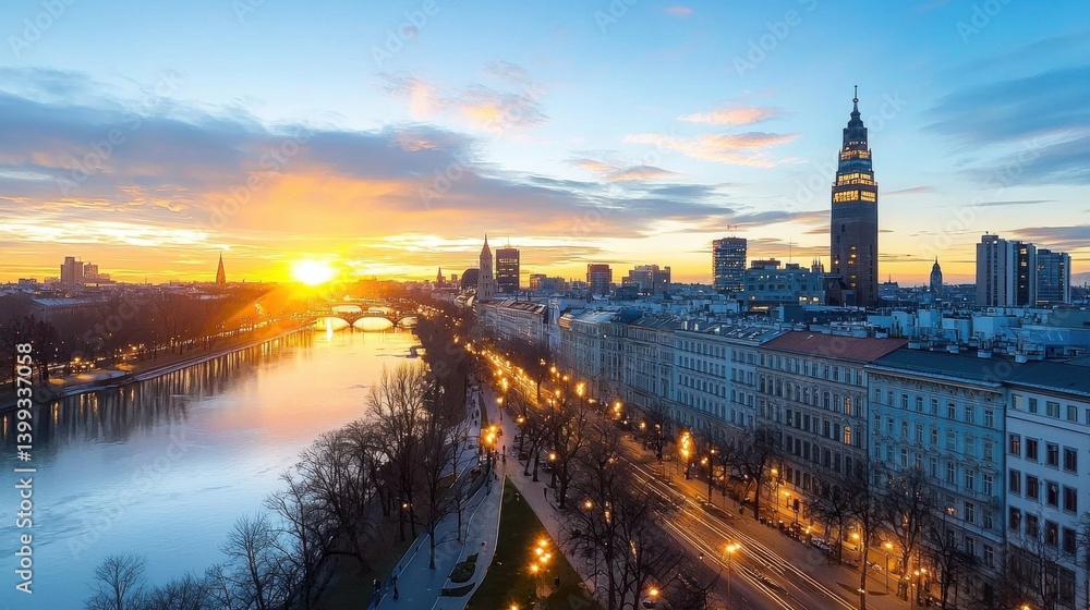 Fototapeta premium Breathtaking aerial view of the Berlin cityscape with colorful sunset reflections on the tranquil river Vibrant lights illuminate the modern skyscrapers and landmarks