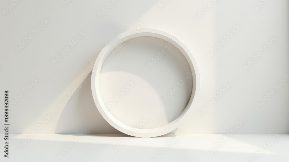 A minimalist white circular frame against a bright white wall, bathed in soft sunlight, creating a clean and simple aesthetic A minimalist white circular frame against a bright white wall, bathed in soft sunlight, creating a clean and simple aesthetic