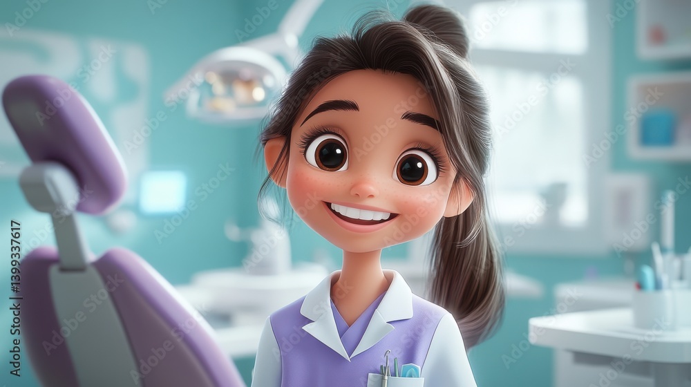 Fototapeta premium A cheerful cartoon character in a dental office, wearing scrubs and smiling, surrounded by dental equipment and a bright, welcoming environment.
