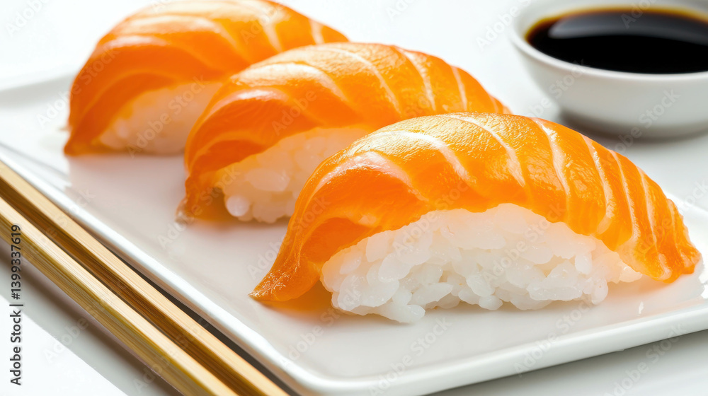 Fresh Salmon Nigiri Sushi Served on Elegant Plate with Soy Sauce in Background Fresh Salmon Nigiri Sushi Served on Elegant Plate with Soy Sauce in Background