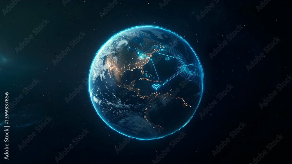 Digital Visualization Of Earth In Space With Glowing Network Of Points Digital Visualization Of Earth In Space With Glowing Network Of Points