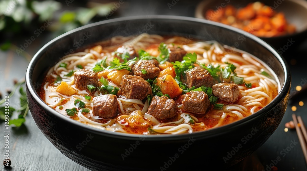 Steaming Beef Noodle Soup in Bowl, Asian Cuisine, Background with Kimchi Steaming Beef Noodle Soup in Bowl, Asian Cuisine, Background with Kimchi