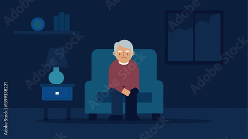 Lonely Elderly Individual An of an elderly person sitting alone in a chair with a sad expression indicating feelings of loneliness and isolation. Background elements