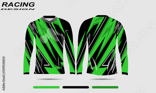 Racing jersey design featuring bold green and black geometric patterns, suitable for sports apparel