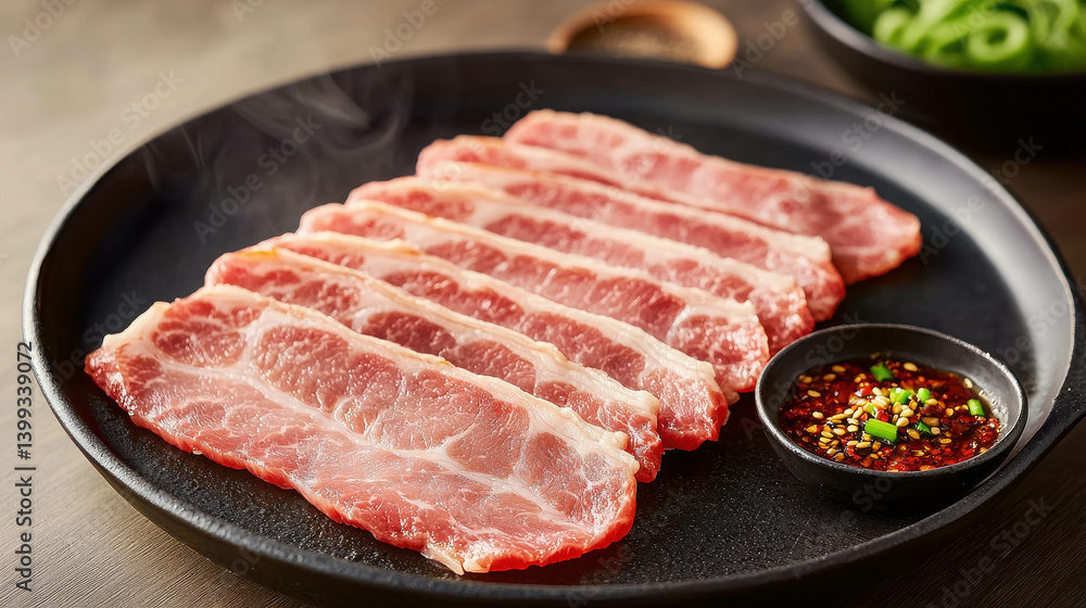 Freshly Sliced Pork Belly with Spicy Dipping Sauce on Black Plate and Vegetables in Background Freshly Sliced Pork Belly with Spicy Dipping Sauce on Black Plate and Vegetables in Background