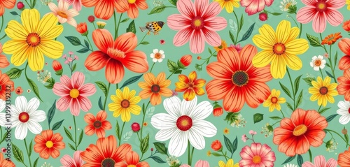 Whimsical hand-drawn summer blooms in vibrant colors, seamless repeat pattern, texture, artistic