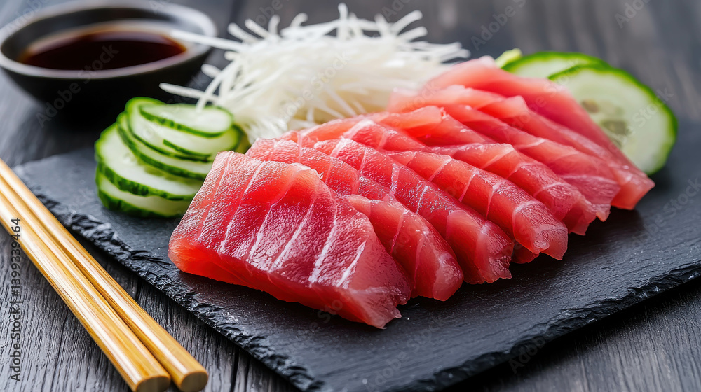 Fresh Slices of Premium Tuna Sashimi with Cucumber and Radish Garnish on Slate Plate Fresh Slices of Premium Tuna Sashimi with Cucumber and Radish Garnish on Slate Plate