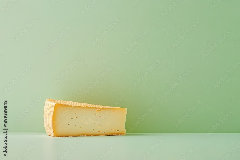 Fototapeta premium A single wedge of cheese resting on a light green surface