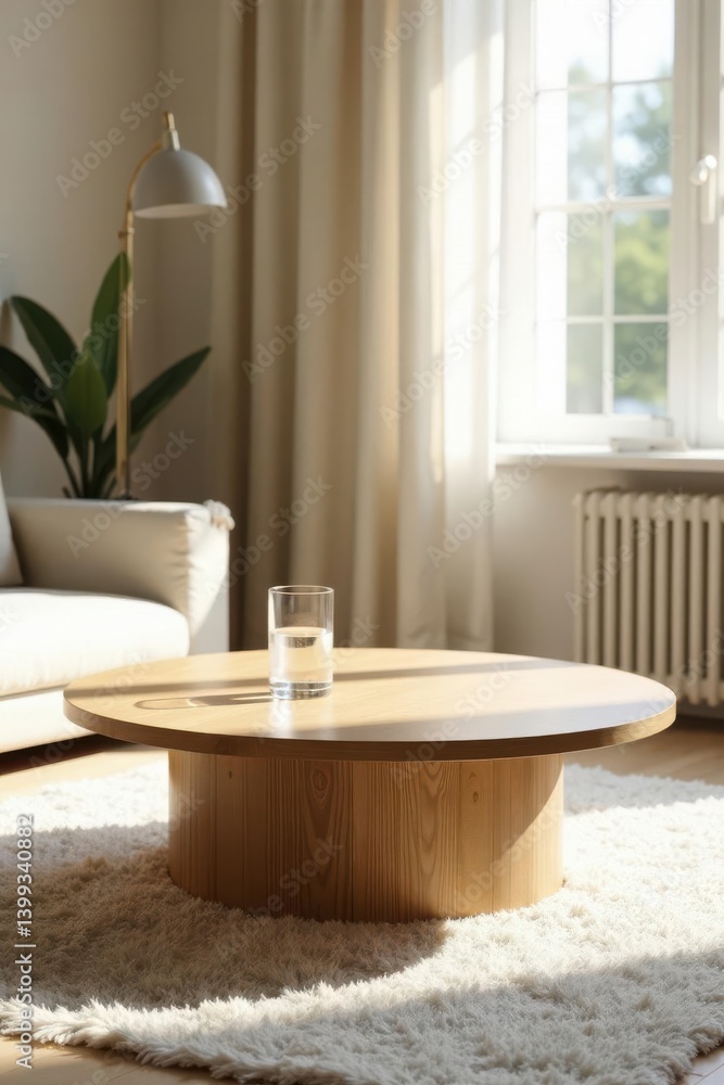 Fototapeta premium Sunlight Illuminates a Modern Wooden Coffee Table in a Serene Living Room Setting