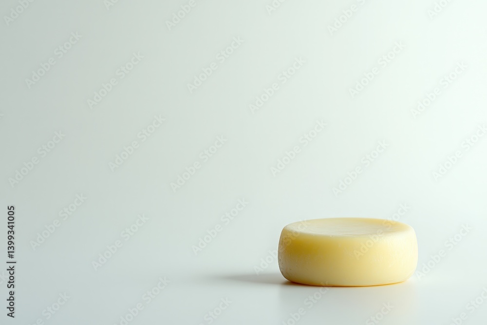 A single round cheese wheel placed on a white surface A single round cheese wheel placed on a white surface