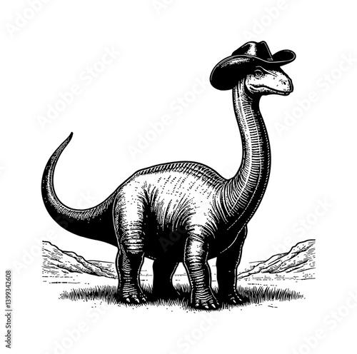 Brachiosaurus wearing a cowboy hat stands in a grassy landscape in an engraved style.