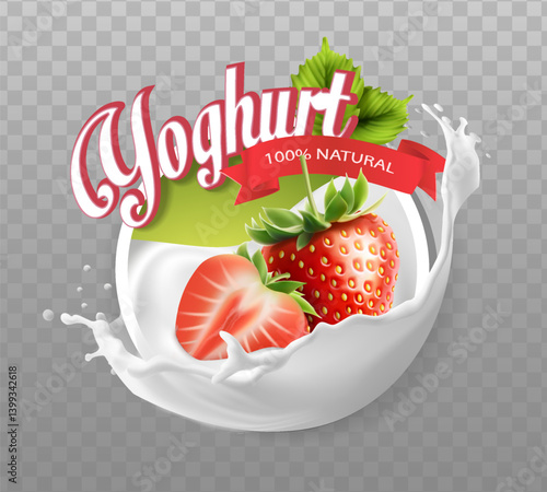 3d realistic vector icon illustration. Creamy yogurt or milk splash with strawberries. Berry milk splash.