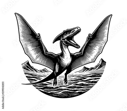 Pterodactyl Flying Over a Mountain Landscape with Engraved Style Black and White Illustration