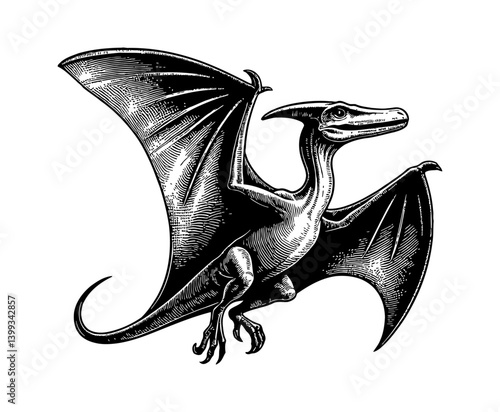 Pterodactyl Flying with Detailed Wing in Black and White Engrave Style Graphic Art