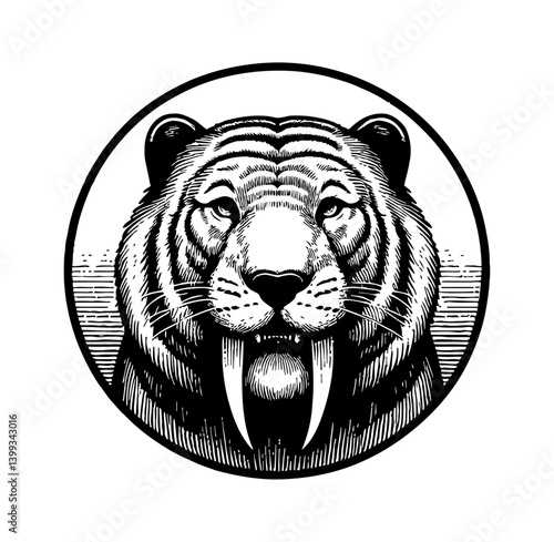 Engraved Illustration of Saber-Toothed Tiger Head with Detailed Stripes and Sharp Teeth