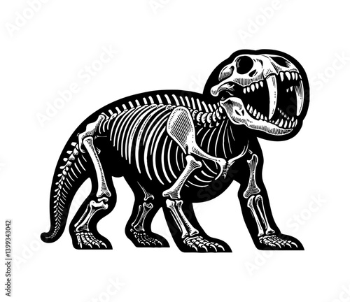 Saber-Toothed Cat Skeleton Fossil Walking in Detailed Black and White Engraving Style