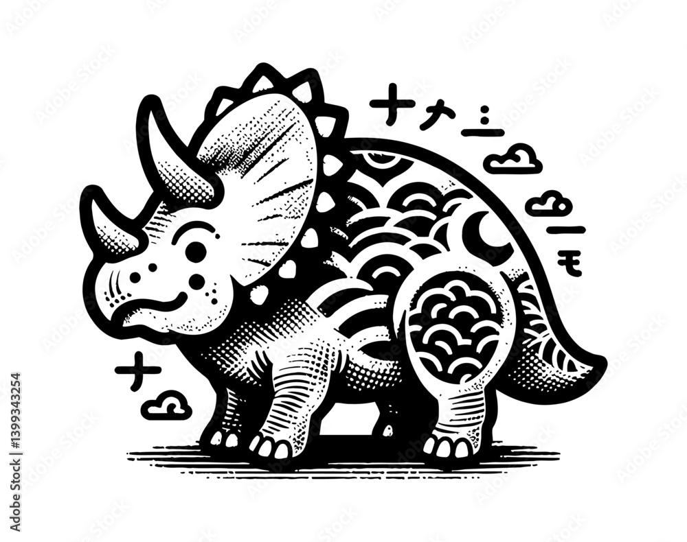 Fototapeta premium Cartoon Triceratops Walking with Decorative Pattern in Black and White Illustration