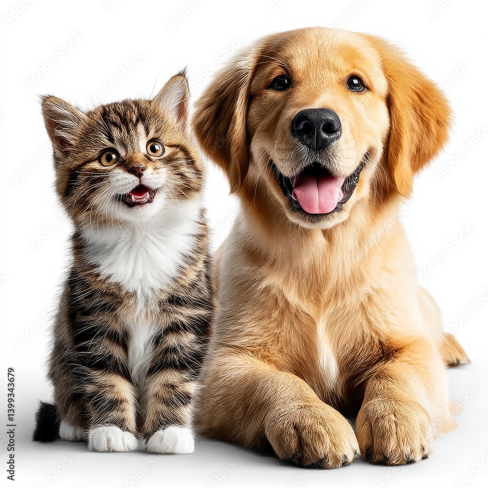 Fototapeta premium Adorable Kitten and Golden Retriever Puppy Posing Together on White Background for a Captivating Portrait