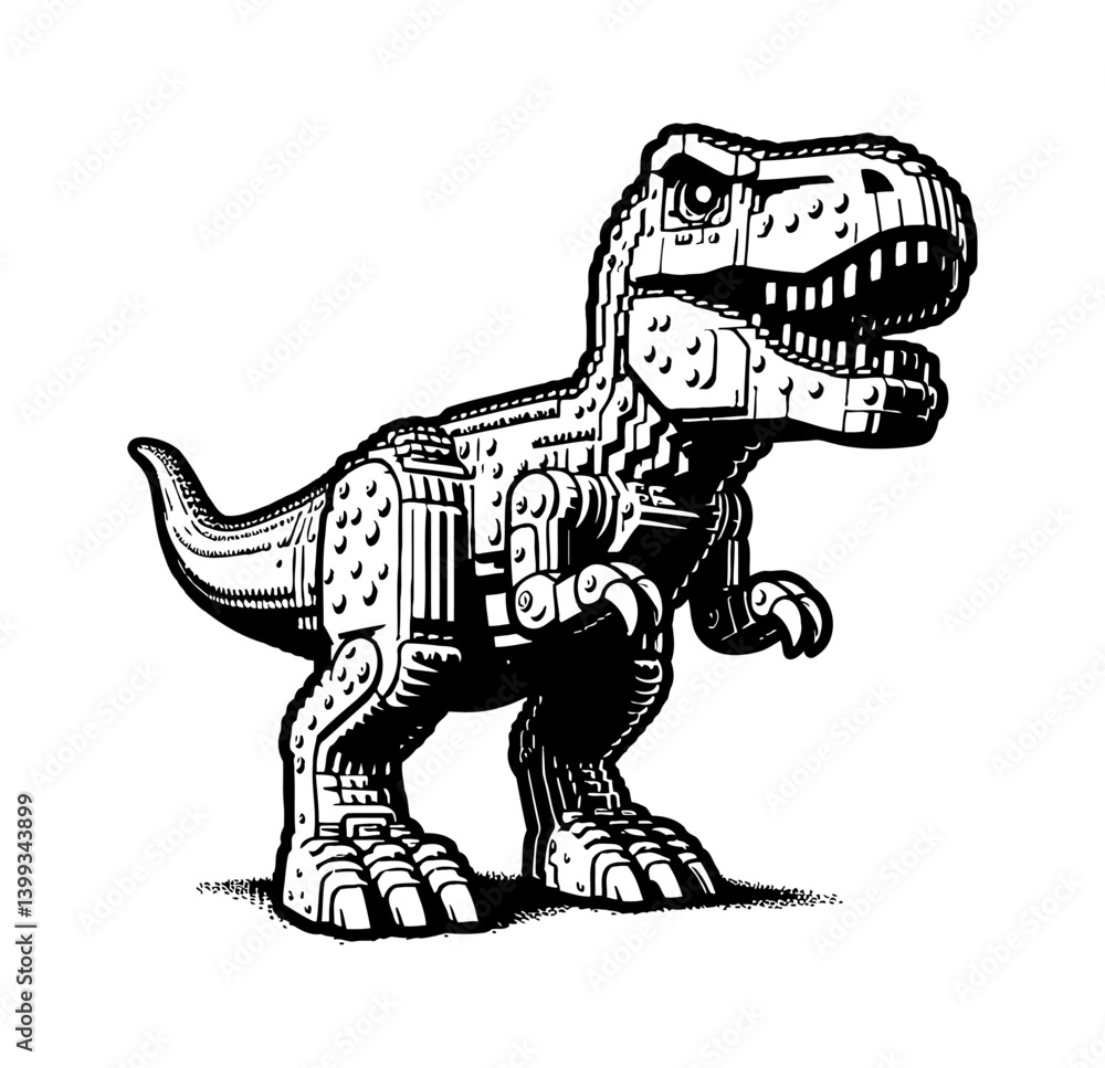 Detailed Engraving of Tyrannosaurus Rex with Mechanical Features in Black and White Detailed Engraving of Tyrannosaurus Rex with Mechanical Features in Black and White