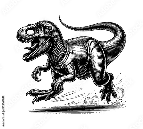 Tyrannosaurus Rex Running with Open Mouth, Engraved Illustration, Black and White