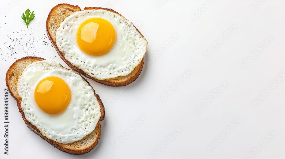 Two Sunny Side Up Eggs on Toast with Sesame Seeds and Parsley on White Background Two Sunny Side Up Eggs on Toast with Sesame Seeds and Parsley on White Background