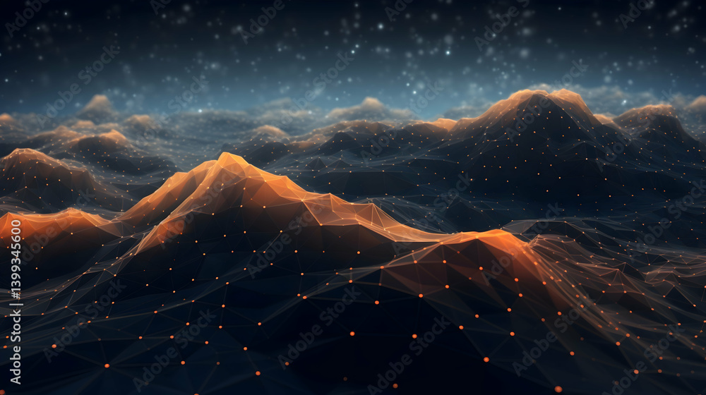 Fototapeta premium A mystical, glowing mountain range under a starlit sky, with warm orange peaks and a dark, intricate network of lines creating a surreal landscape.