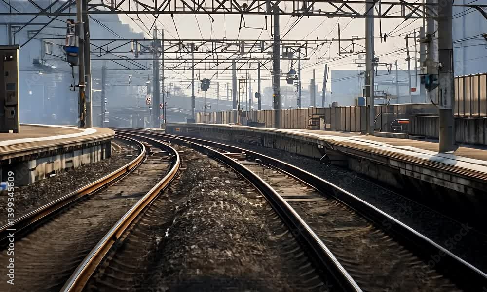 Railway tracks curve gently between platforms, with an overhead electrical system in place Railway tracks curve gently between platforms, with an overhead electrical system in place